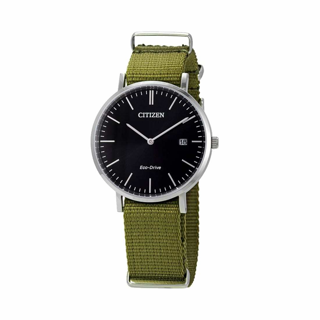 Citizen AU1080-38E Eco-Drive Watch featuring a black dial and green nylon strap, showcasing its stylish design and durable construction.